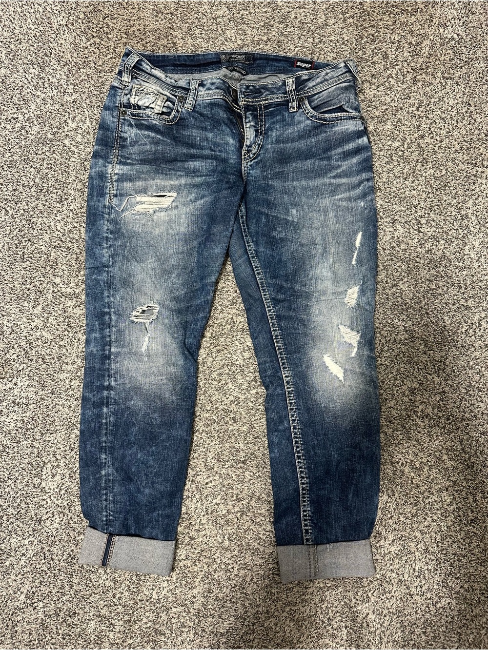 Silver Jeans Distressed Dark Blue Boyfriend Jeans